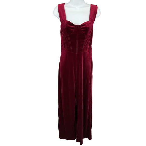 Cider Red Velvet Jumpsuit Womens S Corset Bodice Wide Leg Party Elegant Holiday - Picture 1 of 13
